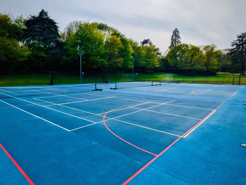 The 6 pickleball courts all taped up.