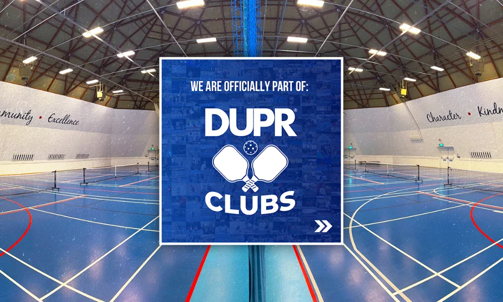 RallyPoint (Rally Point) Pickleball by Suffolk Pickleball Company can now be found on DUPR clubs. Sign up ready for future DUPR events. The photo shows the DUPR clubs logo and the background is of Woodbridge School Sports Dome.