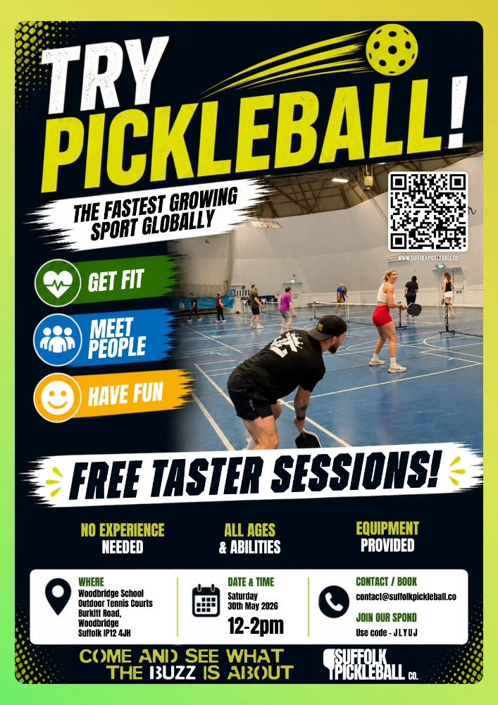Come and try pickleball for free in Woodbridge, Suffolk. Get fit, get social - have fun!