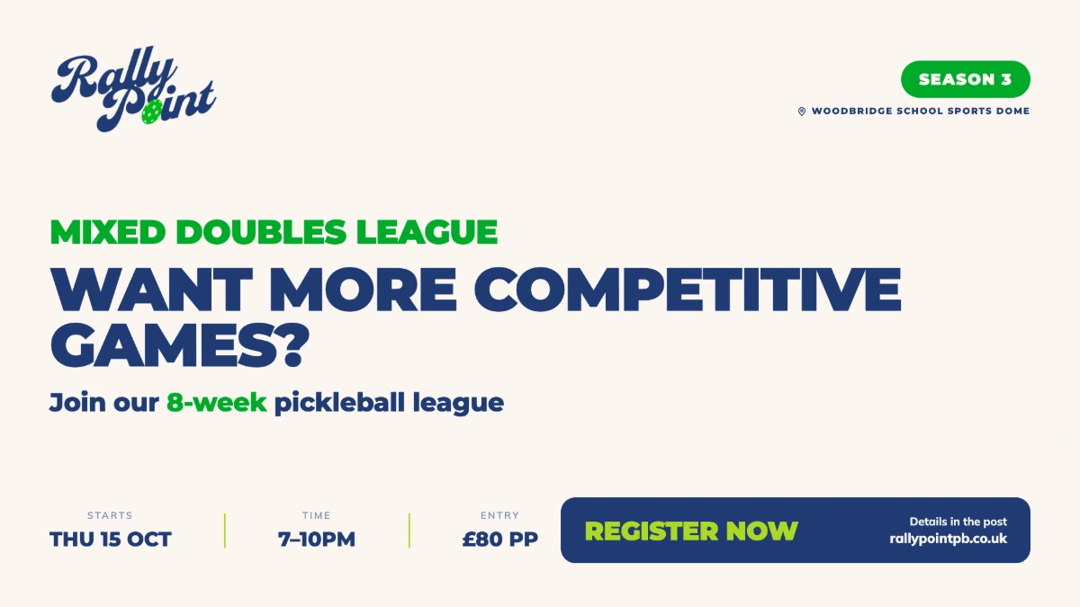 Mixed doubles pickleball league season 3 poster and announcement, asking players if they want more competitive games.