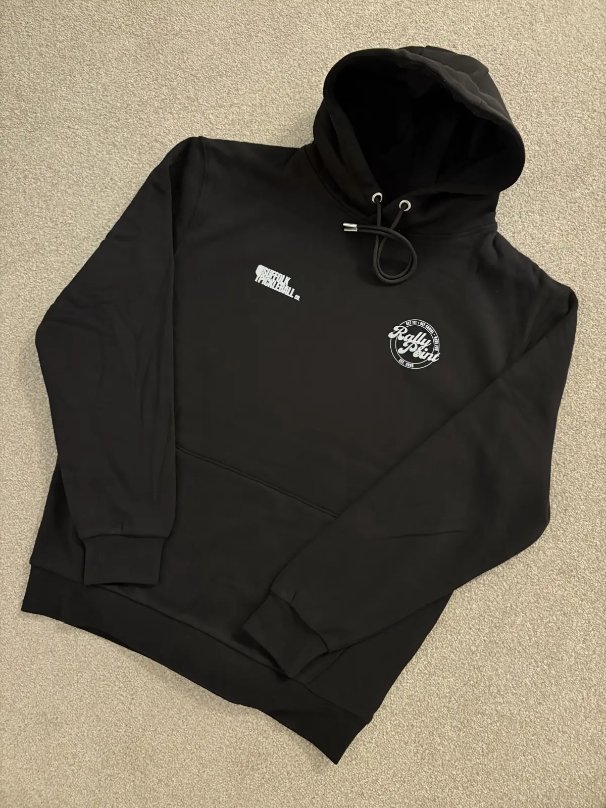 RallyPoint Sports Hoodie (Black) – pickleball team-wear – Hoodie, front showing detailing.