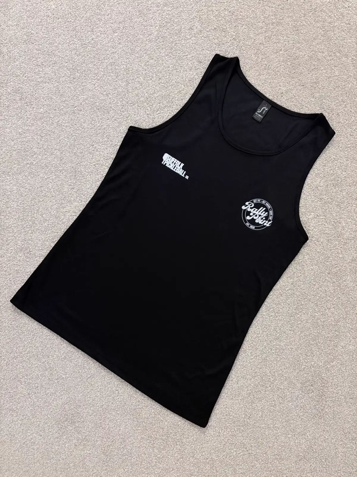 RallyPoint Sports Ladies Vest (Black) – pickleball team-wear – Front, showing team crest detail